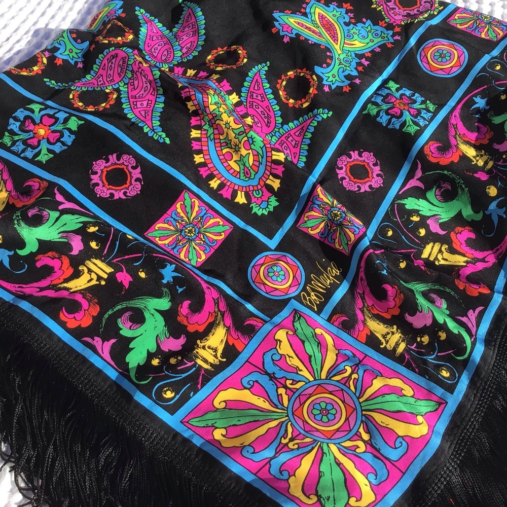 Bob🎭 Mackie Large Silk Fringe Scarf Shawl EUC